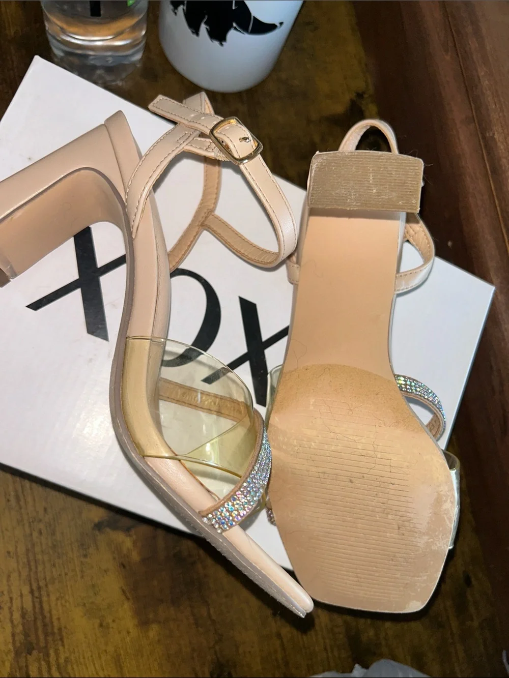 XOXO Nude Beige Heeled Sandals with Rhinestone Strap